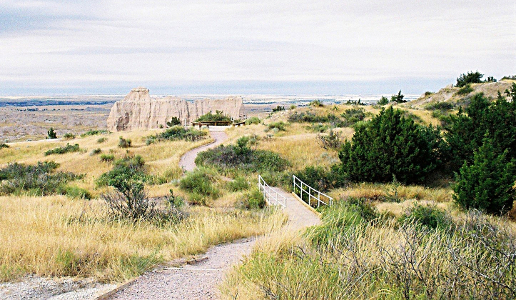 [A three foot wide dirt path winds across a bridge and the ground to the Cliff Shelf rock. The vegetation is tan grass and some evergreens.]